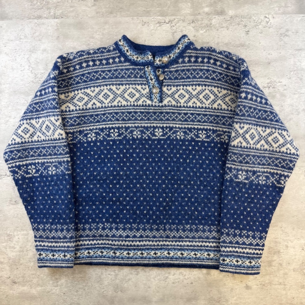 LL Bean Womens Blue Fair Isle Wool Blend Mock Neck Button Sweater Made‎ in USA M